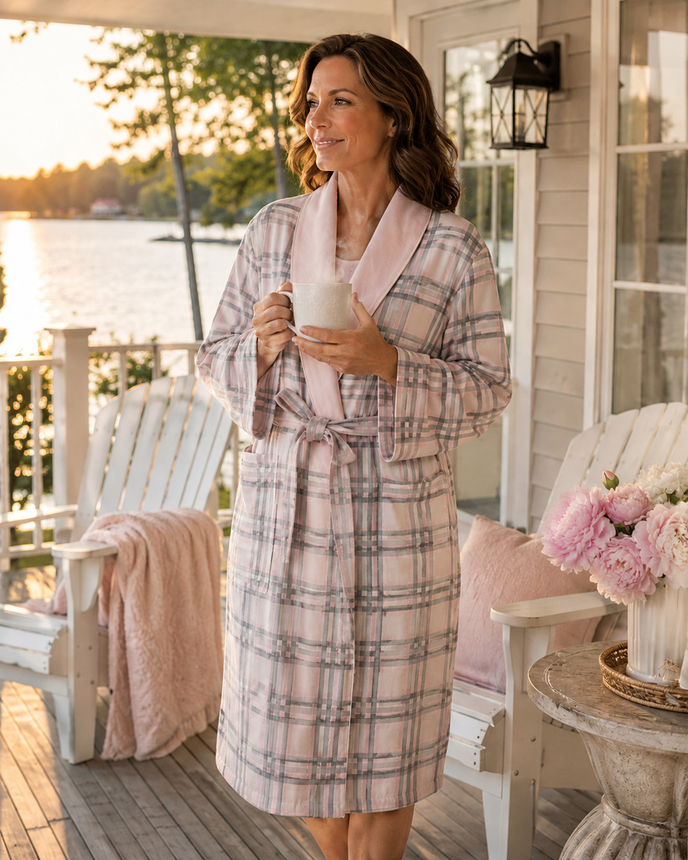 NWT Talbots Medium Pink Gray Plaid Kimono Bathrobe Belted Cotton Lounge Robe